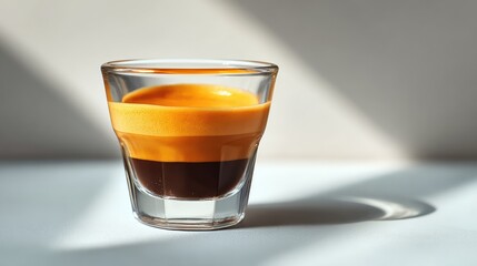 Poster - Espresso shot in a small glass cup with dark shadows and clean space on a white surface