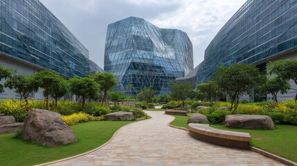 Poster - Exterior shot of business complex with steel structure and glass walls, landscaped gardens and copy space