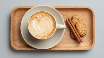 Poster - Flat lay of cappuccino set with cup, saucer, cinnamon sticks, and biscotti on a light wood tray with empty background