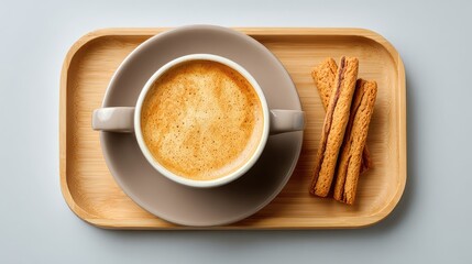 Poster - Flat lay of cappuccino set with cup, saucer, cinnamon sticks, and biscotti on a light wood tray with empty background