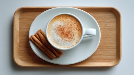 Poster - Flat lay of cappuccino set with cup, saucer, cinnamon sticks, and biscotti on a light wood tray with empty background