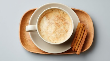 Poster - Flat lay of cappuccino set with cup, saucer, cinnamon sticks, and biscotti on a light wood tray with empty background