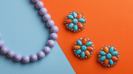 Poster - Flat lay of fashion costume jewelry in vibrant colors on bright background with clean layout space