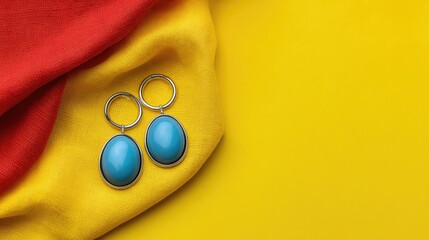Poster - Flat lay of fashion costume jewelry in vibrant colors on bright background with clean layout space