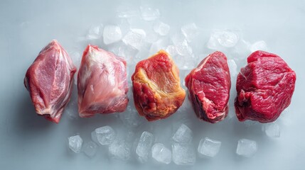 Poster - Flat lay of raw meat assortment including pork, lamb, and beef on ice bed with empty area