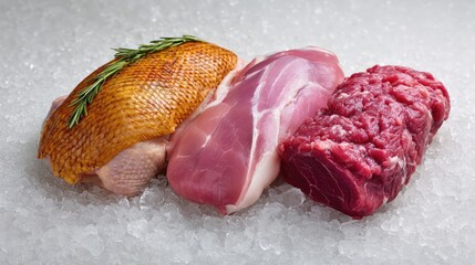 Poster - Flat lay of mixed chilled meats such as turkey, beef, and pork over icy white background