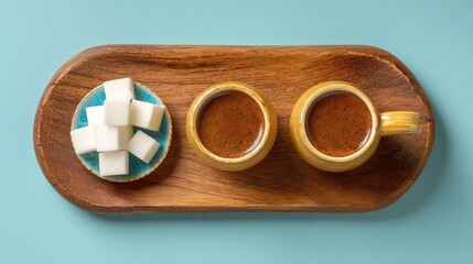 Fototapete - Flat lay of Turkish coffee set including small cups, cezve, and sugar cubes arranged on wooden tray with copy space