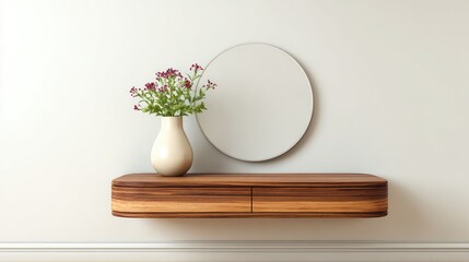 Poster - Floating vanity table mounted on a wall with minimal lines and modern drawers, copy space included
