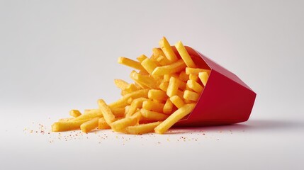Poster - French fries in a red paper box tipped over on a white table with scattered fries and copy space