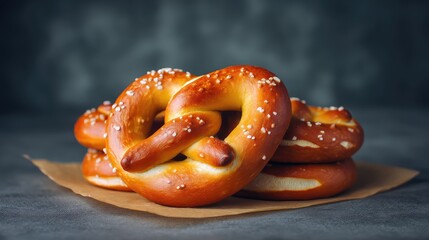 Aufkleber - Freshly baked pretzels twisted and placed on baking paper with soft natural light and layout space