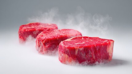 Poster - Freshly chilled raw steak cuts with visible ice fog and white background, leaving room for layout