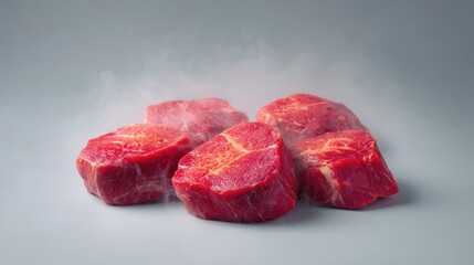 Poster - Freshly chilled raw steak cuts with visible ice fog and white background, leaving room for layout