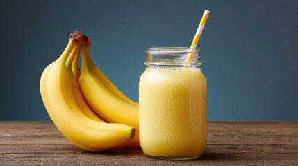 Poster - Fresh banana smoothie in clear jar with whole bananas on wooden table and clean background
