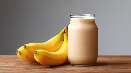 Poster - Fresh banana smoothie in clear jar with whole bananas on wooden table and clean background