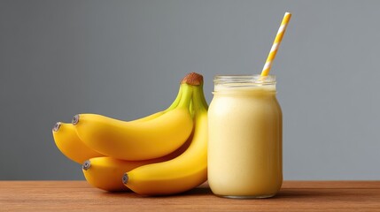 Poster - Fresh banana smoothie in clear jar with whole bananas on wooden table and clean background