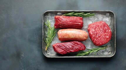 Aufkleber - Fresh chilled meat selection for grilling laid on icy metal tray with overhead view and space