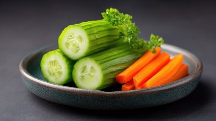 Poster - Fresh cucumber rolls and veggie sticks for snacks displayed on ceramic with modern style and space