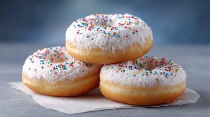 Poster - Fresh donuts with powdered sugar and sprinkles placed on parchment paper with clean space