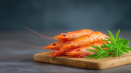 Poster - Fresh prawns on a wooden board with scattered herbs and copy space to the right side