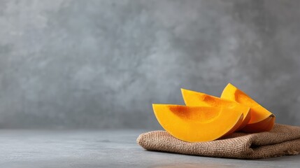 Poster - Fresh pumpkin wedges on a rustic background with soft shadows and empty copy space for text