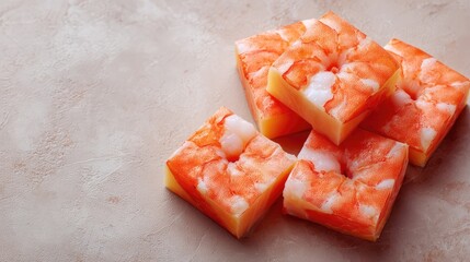 Poster - Frozen shrimp blocks unwrapped and placed on a neutral surface with clean space