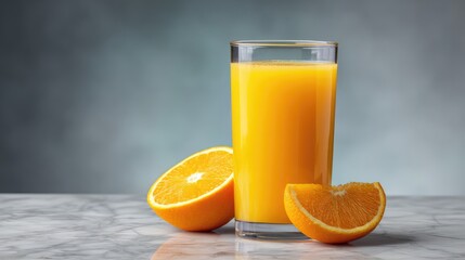 Fototapete - Glass of orange juice with fresh slices beside it on a marble counter, leaving room for layout