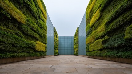 Poster - High-rise commercial building with vertical garden walls and modern glass windows, empty pedestrian area
