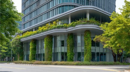 Poster - High-rise commercial building with vertical garden walls and modern glass windows, empty pedestrian area