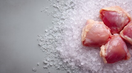 Poster - High angle shot of chicken thighs arranged on crushed ice with copy space in the corner