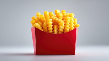 Poster - Hot waffle fries in a red box tipped over with clean neutral surface and negative space