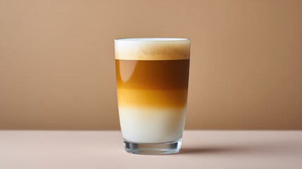 Poster - Iced latte in clear glass showing coffee layers on neutral background with copy space