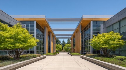 Poster - Large office complex with sleek steel beams and glass windows, open plaza and walkway with empty space