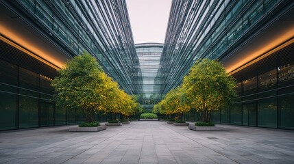 Poster - Large office complex with sleek steel beams and glass windows, open plaza and walkway with empty space