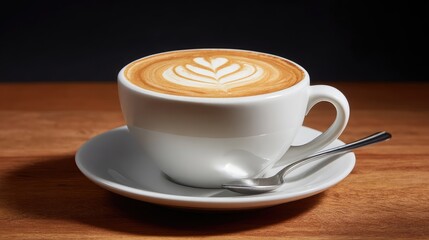 Poster - Latte art coffee in a white cup with matching saucer and spoon on a warm wooden table with soft shadows and space