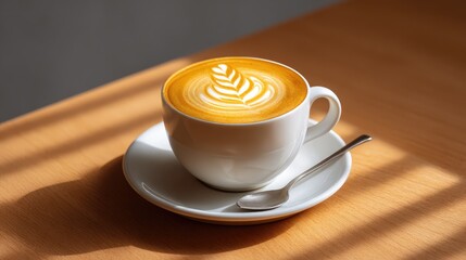 Poster - Latte art coffee in a white cup with matching saucer and spoon on a warm wooden table with soft shadows and space