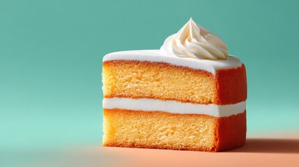 Poster - Layered sponge cake with cream frosting on a pastel background with soft shadows and copy space