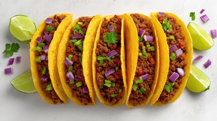 Fototapete - Loaded street-style tacos arranged with lime wedges and scattered toppings on clean surface