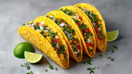 Fototapete - Loaded street-style tacos arranged with lime wedges and scattered toppings on clean surface
