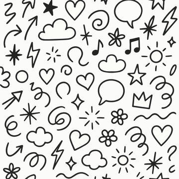 A Line marker hand drawn brush arrow element set. Sketch pencil stroke vector graphic pen underline scribble icon. Hand drawn line heart, crown, star symbol highlight marker shape, Vector illustration