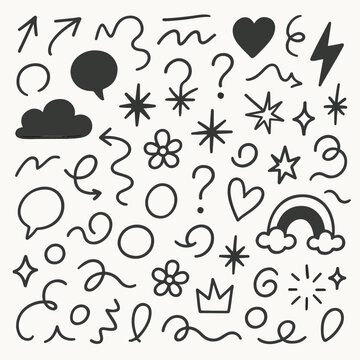A Line marker hand drawn brush arrow element set. Sketch pencil stroke vector graphic pen underline scribble icon. Hand drawn line heart, crown, star symbol highlight marker shape, Vector illustration