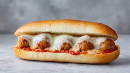 Poster - Meatball sub sandwich on hoagie roll with marinara sauce and melted cheese on neutral surface