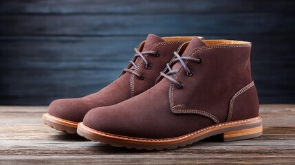 Poster - Men's desert boots isolated on vintage wood texture with stylish shadows and space