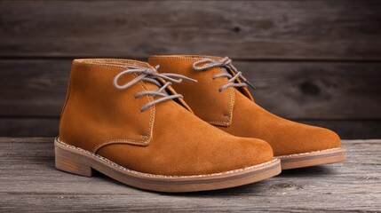 Poster - Men's desert boots isolated on vintage wood texture with stylish shadows and space