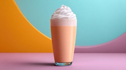 Poster - Milkshake in a tall glass with whipped cream topping on pastel-colored background with layout room