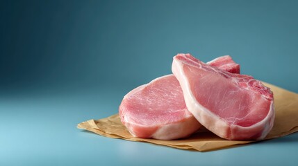 Poster - Minimalist background with cold pork chops placed on a silver surface and room for text layout