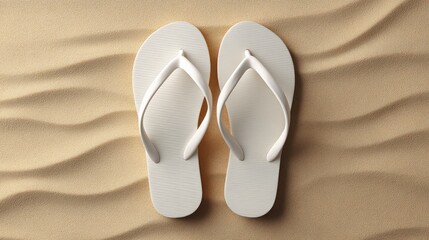 Poster - Minimalist display of white rubber flip flops on sand-textured background with clean copy space
