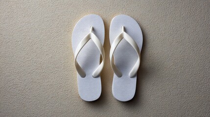 Poster - Minimalist display of white rubber flip flops on sand-textured background with clean copy space