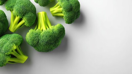 Poster - Minimalist flat lay of broccoli florets with shadows on white background and negative space