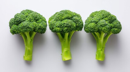 Poster - Minimalist flat lay of broccoli florets with shadows on white background and negative space