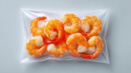 Poster - Minimal composition of frozen shrimp in vacuum packaging placed on a white surface with clean space